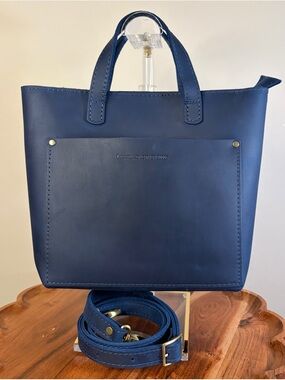 Portland Leather Mini Crossbody Tote Deep Water Blue EUC